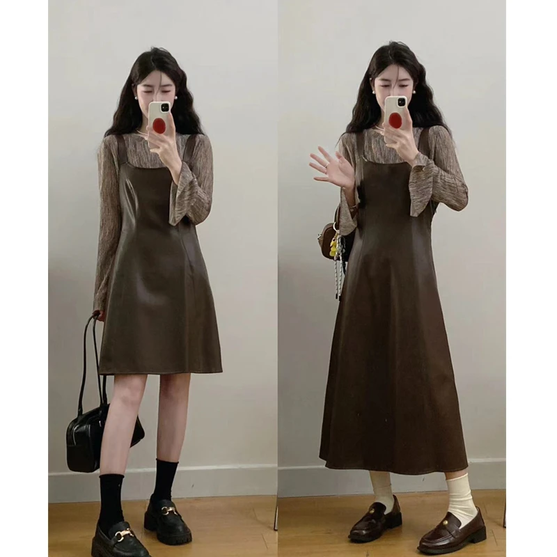 大码女装2025春秋新款PU皮背带连衣裙显瘦打底衫休闲胖mm气质穿搭