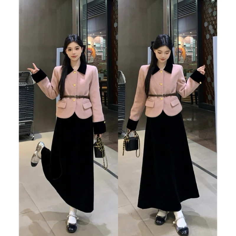 大码女装秋冬新款减龄小香风娃娃领夹棉外套收腰显瘦半身裙套装