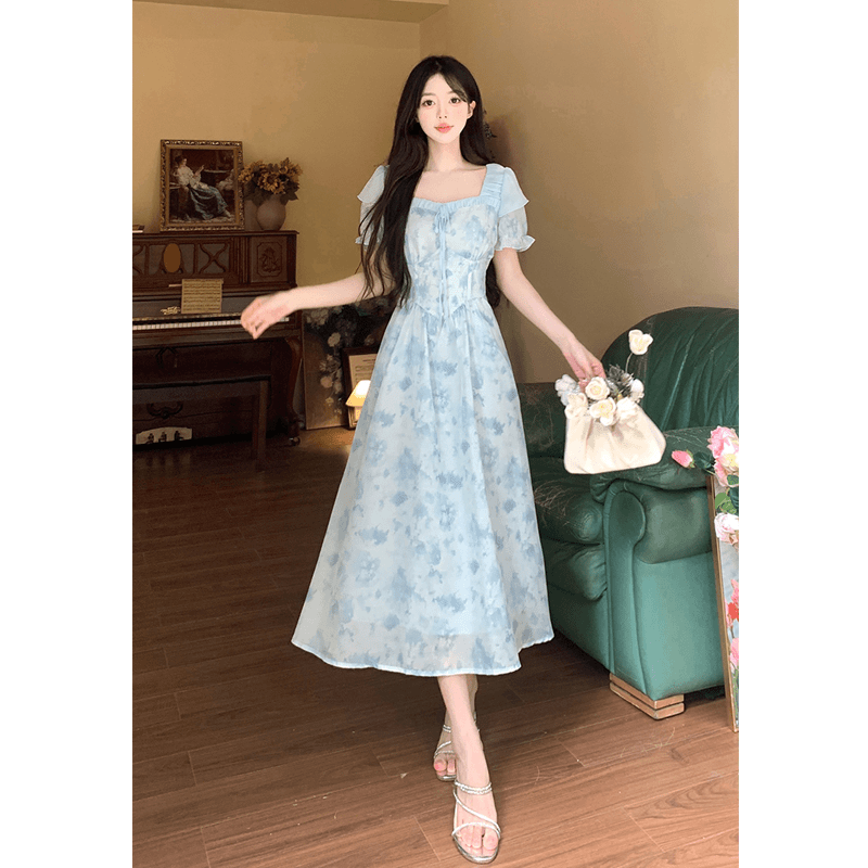 大码2024夏季新款泡泡袖中长款温柔风气质收腰显瘦连衣裙仙女裙