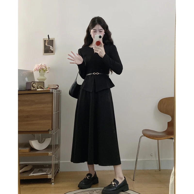 大码女装秋季新高级感长袖气质收腰显瘦上衣高腰遮肉半身裙套装裙