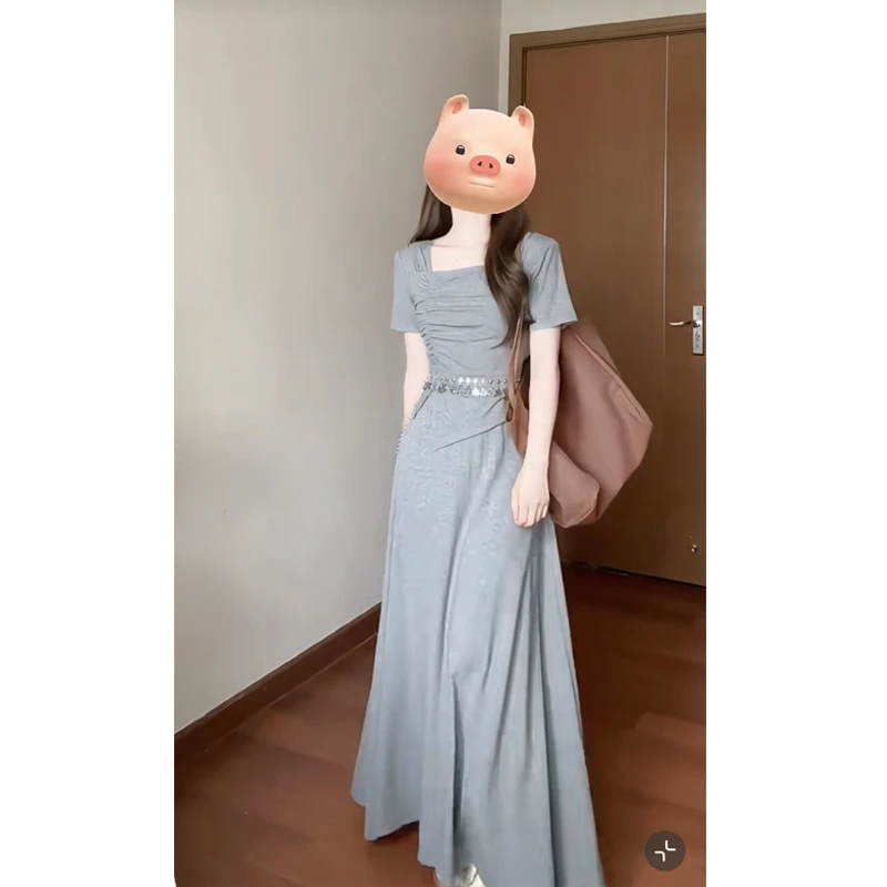 大码2024夏天穿搭一整套不规则方领灰色t恤上衣半身裙两件套装裙