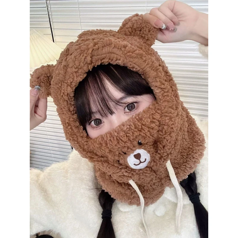 冬季口罩帽子围巾连帽护耳护颈帽子女网红小熊可爱保暖防寒一体帽