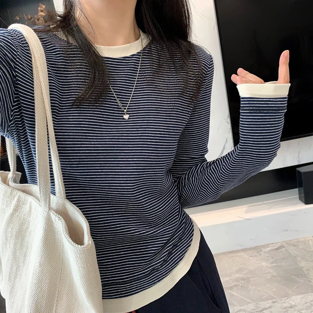 【蓝调】4026撞色条纹假两件上衣2024年新款秋冬设计感小众打底衫