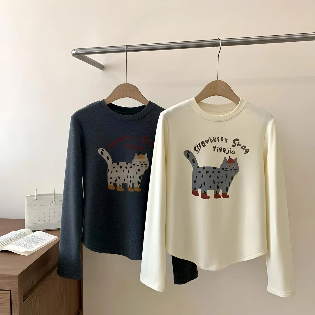 【小脏猫】东大门韩版休闲百搭小猫印花减龄显瘦T恤打底上衣4035