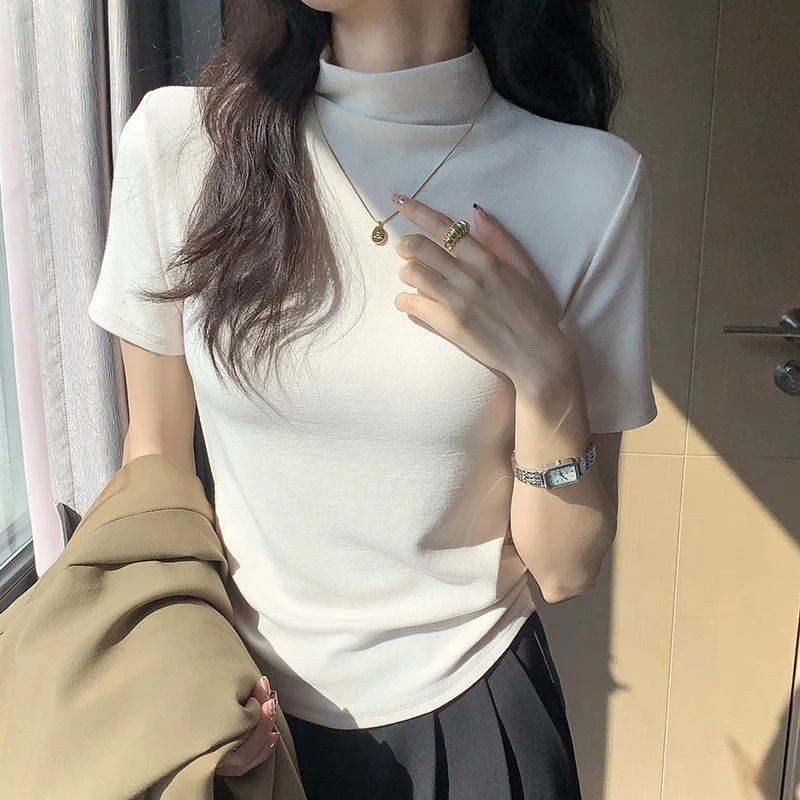 收腰短袖女春夏新款内搭中领打底衫显瘦洋气t恤韩版百搭外穿上衣