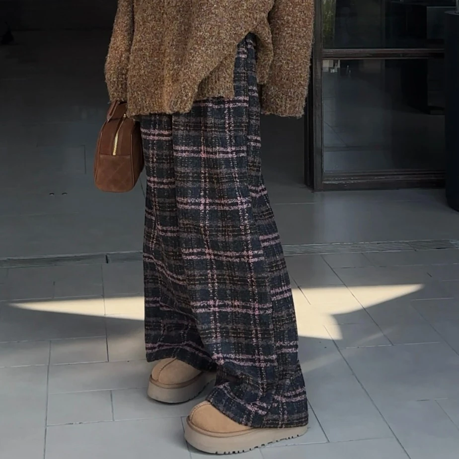 【NXJ】微胖大码 复古紫黑色格子加厚高腰直筒长裤 231204