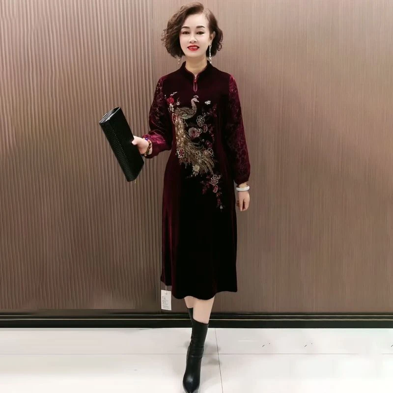 H春季经典民族风中年妈妈时尚丝绒连衣裙烧花百搭洋气中式旗袍裙