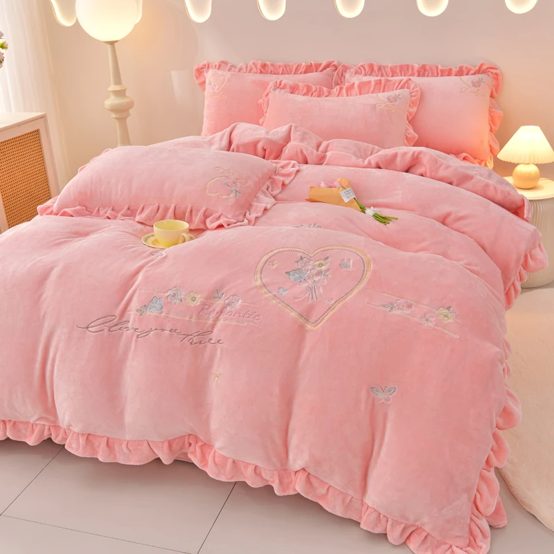 新款花边刺绣加厚牛奶绒四件套韩版高克重床裙款双面绒保暖无静电