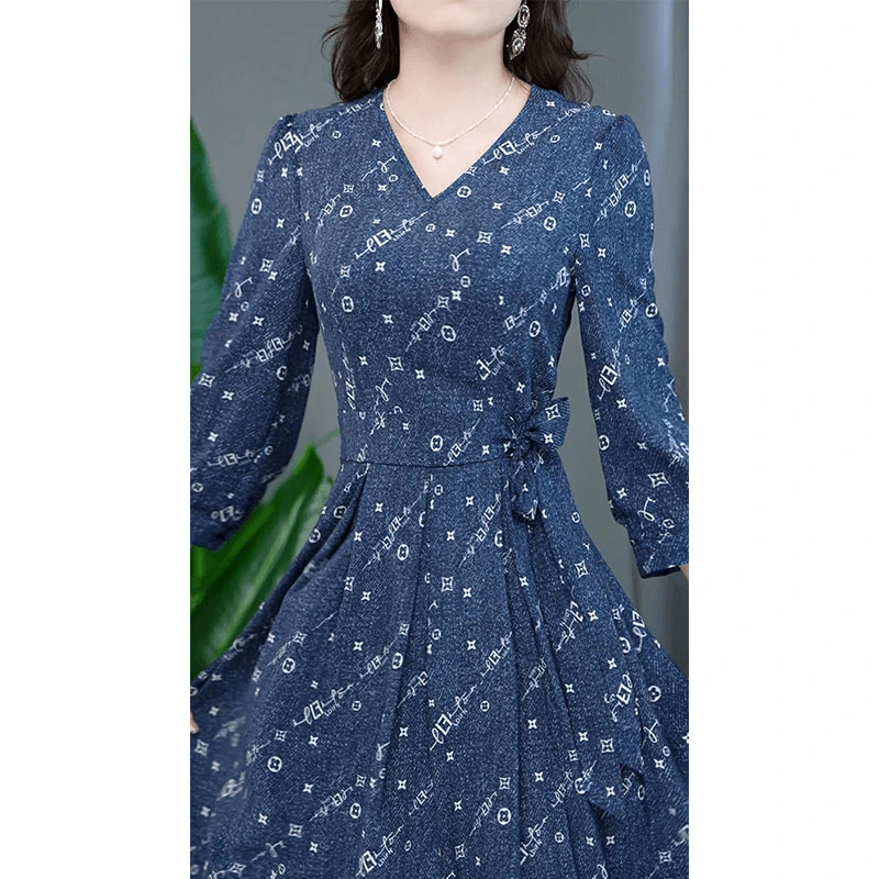 J25气质法式收腰修身洋气时尚印花连衣裙