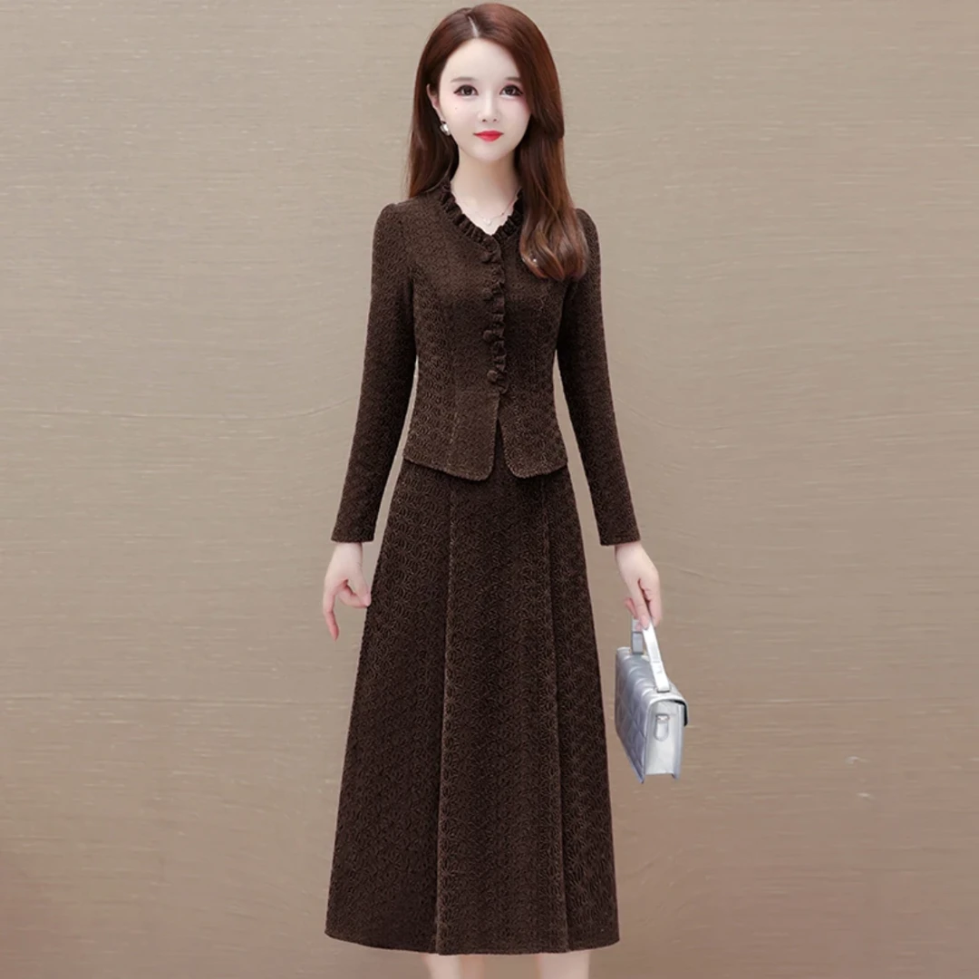 JQ126气质秋冬中长款连衣裙显瘦妈妈装加厚修身