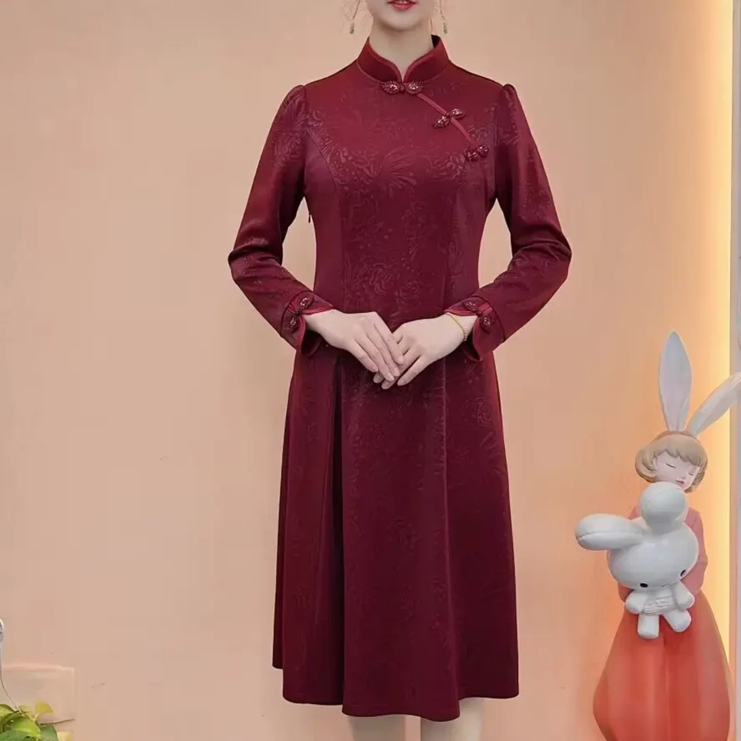 J058季新款气质修身复古洋气立领显瘦高贵中长款连衣裙