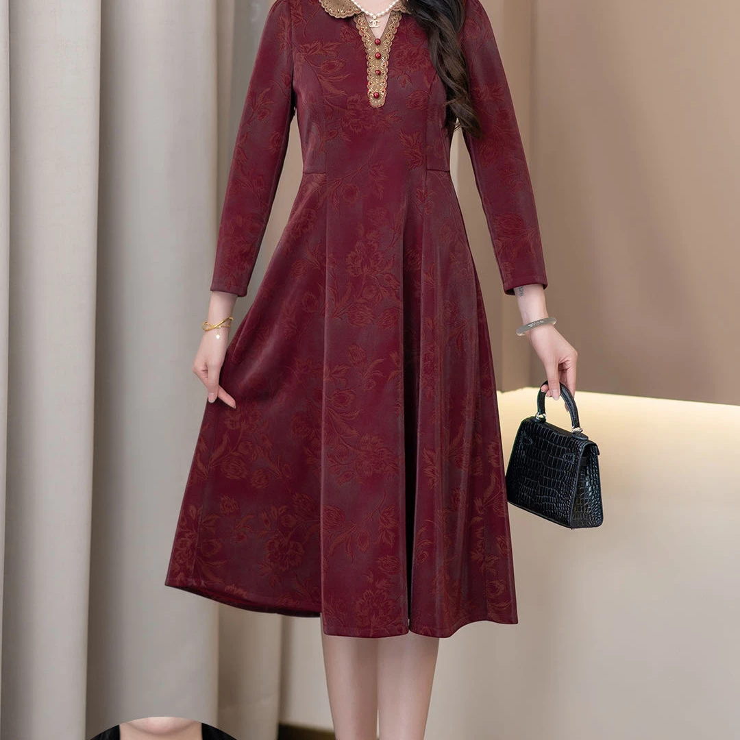 JQ083新款气质修身复古洋气翻领显瘦高贵中长款连衣裙