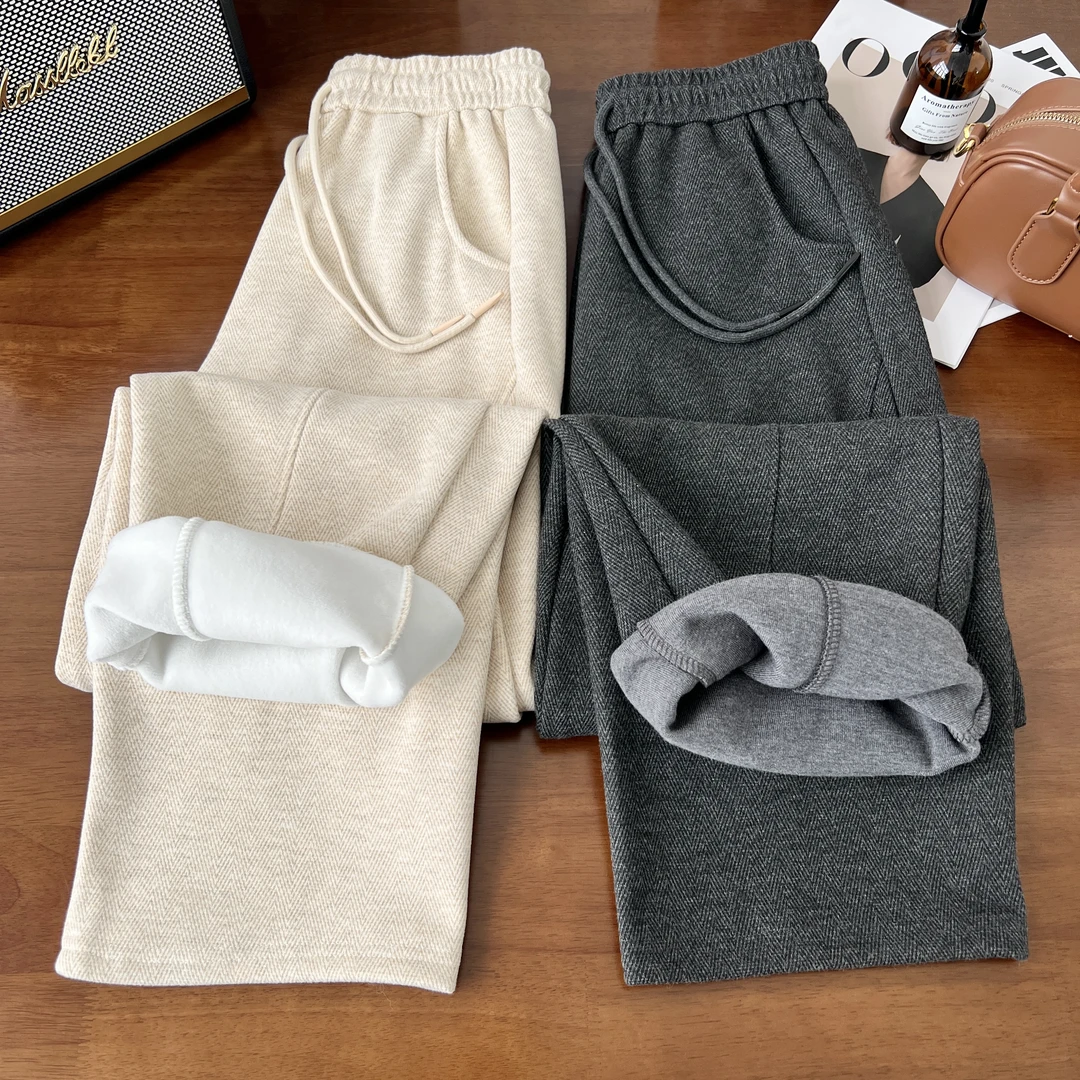 【JJ AREA】娇娇“百搭神裤”加绒加厚韩版宽松百搭人字纹弯刀休闲裤