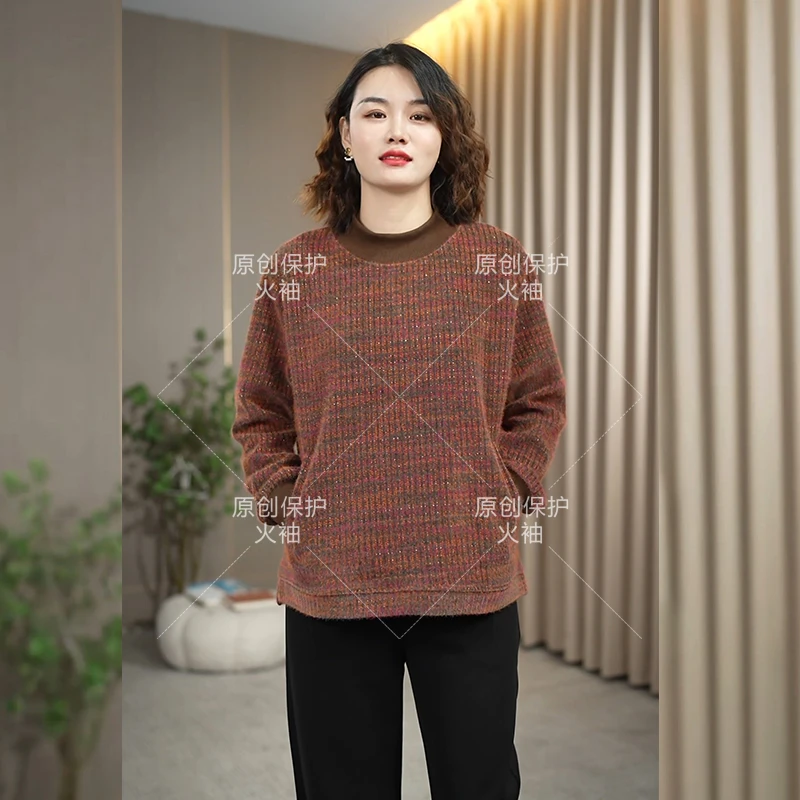 火袖F610洋气减龄半高领上衣女2024秋冬新款宽松百搭保暖厚实小衫