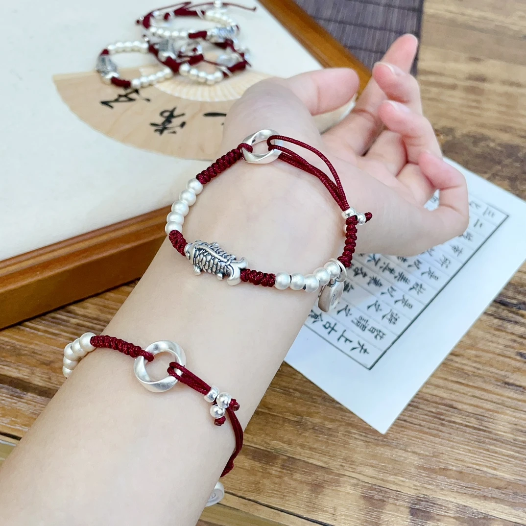 足银布艺手链 足银999锦鲤古法珠编织手链平安皆喜乐福气满满