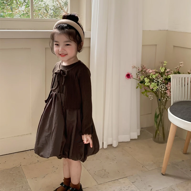 韩系2023秋季女童连衣裙女宝宝两件套儿童花苞裙针织开衫套装韩版