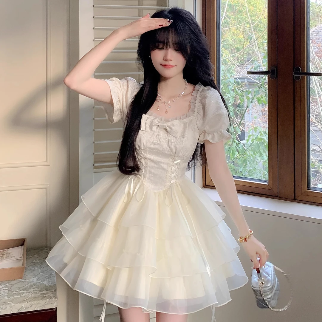 甜美公主风蝴蝶结轻奢短款欧根纱小个子连衣裙蓬蓬裙仙女感夏季