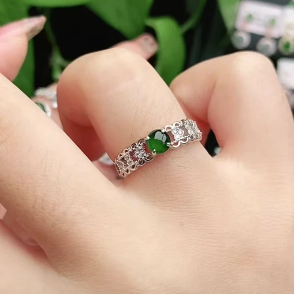 天然A货翡翠银镶嵌开口可调节戒指