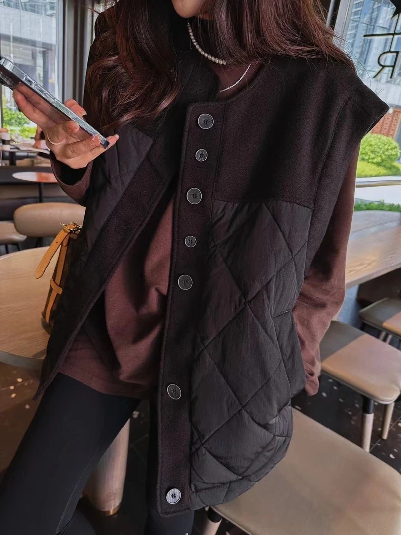 2025新款欧货宽松棉服夹棉马甲拼接棉衣秋冬季无袖外穿马夹外套