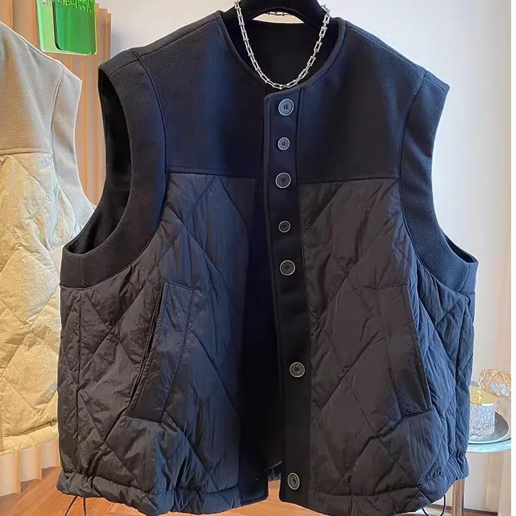 韩系尼子拼接棉马甲女冬季2024新款宽松夹棉无袖坎肩马夹外套上衣