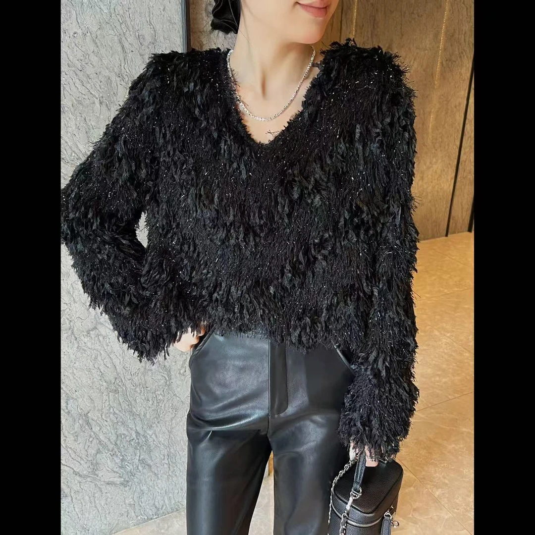 TANMEI 设计感流苏加羽毛时尚百搭v领短款上衣（会掉毛介意的勿拍)