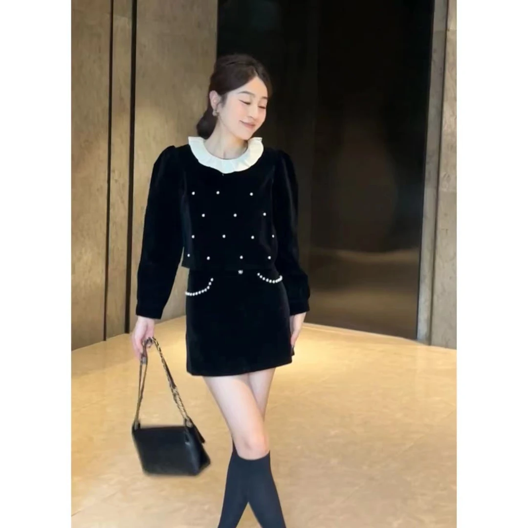 TANMEI 法式复古丝绒重工钉珠上衣+短裙两件套