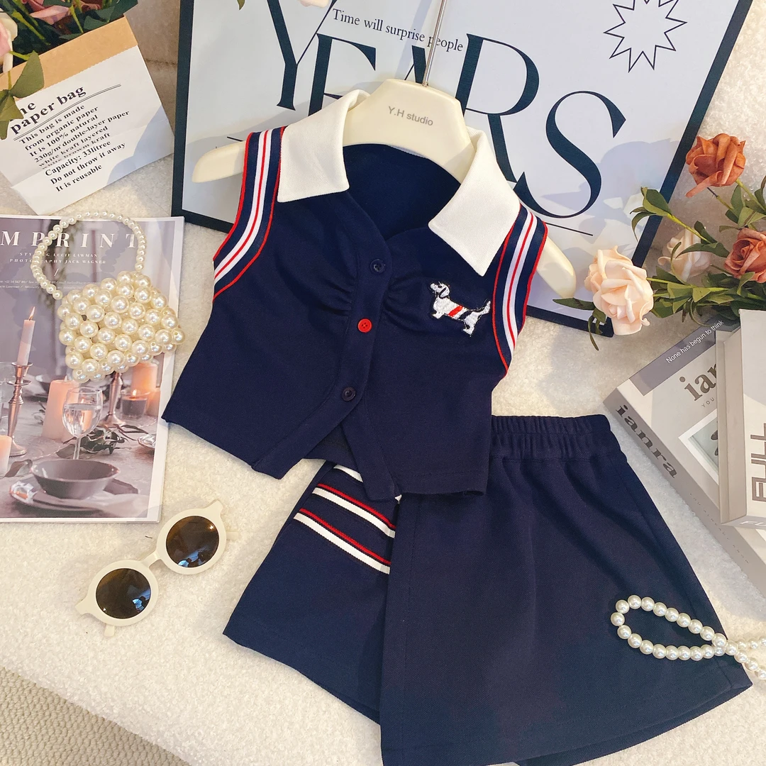 女童学院风套装2024新款夏季儿童无袖洋气百褶裙两件套8336