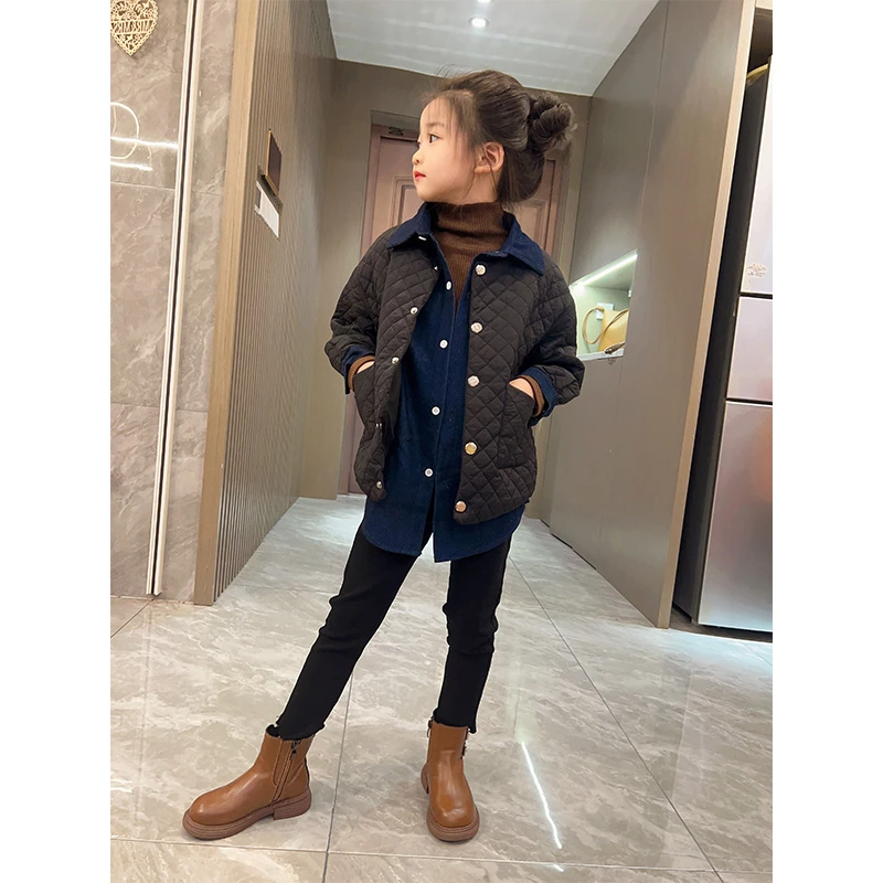 休闲男女童加厚格形外套衬衫领假两件上衣23537#