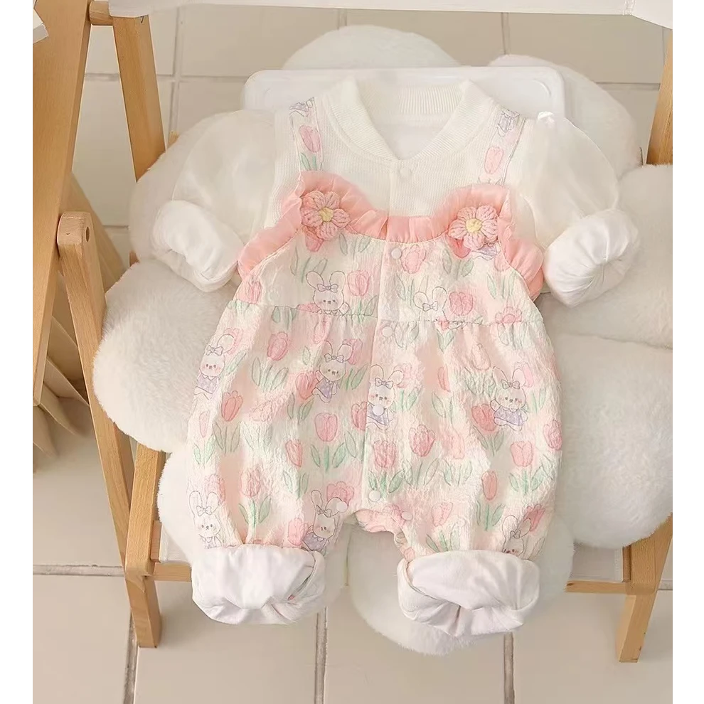 新款秋款郁金香兔子立体花朵假两件双层长袖长裤女宝宝连体衣