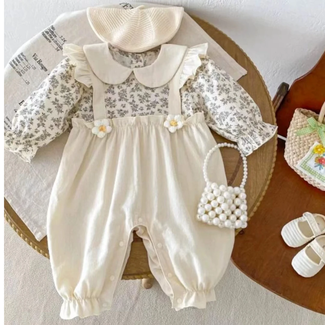 新款秋款碎花假两件娃娃领可爱洋气婴儿外出服单层长袖哈衣