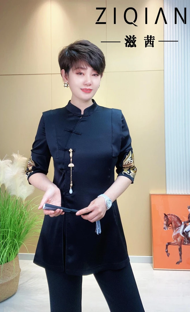 滋茜夏款新中式显瘦短袖气质复古半袖衬衫长日常提花民族风中国风