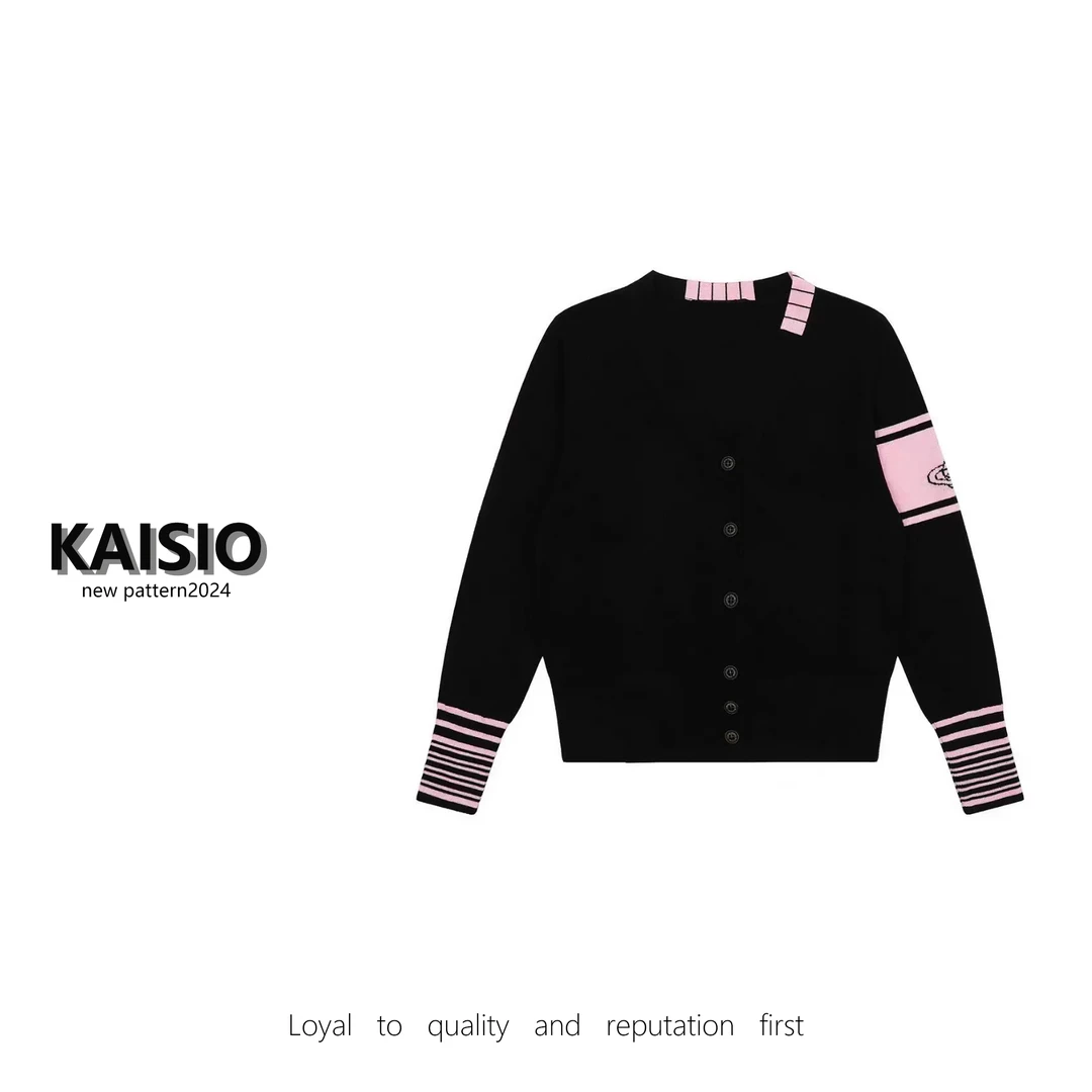 新款土星条纹显示气质撞色针织开衫女毛衣外套2410017