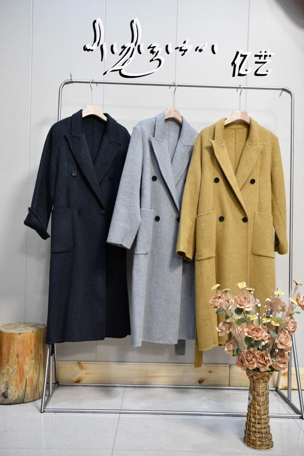 Yiyi亿艺/西装双排扣风衣款100羊毛大衣双面同料外套