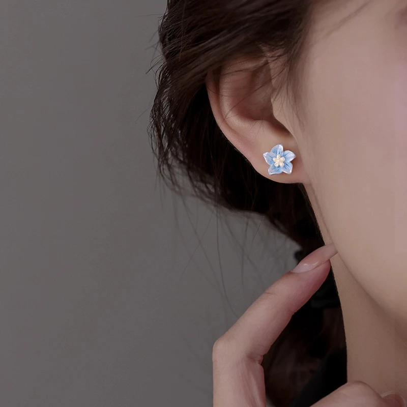 铜合金耳饰 非金属树脂耳饰 【63】山茶花耳钉女春夏新款洋气设计蓝
