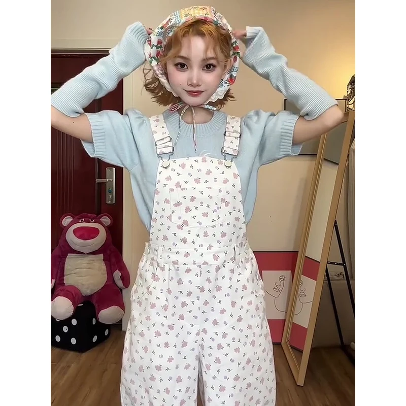 白色碎花工装背带裤女春秋季2025新款冬日暖系流光要小个子背带裤