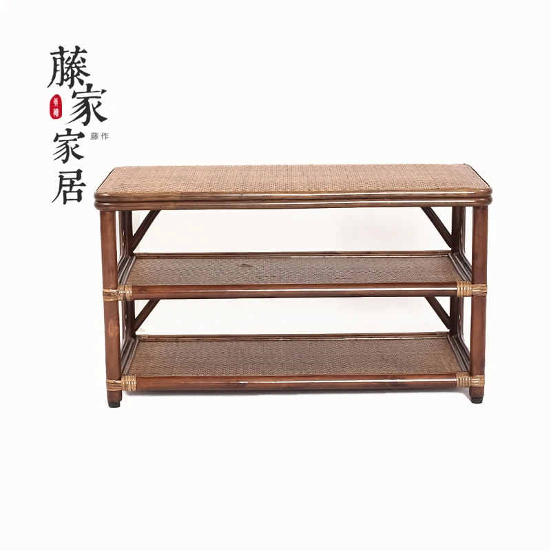 厂家直销整装植物藤换鞋凳真藤家具三层藤鞋架多功能置物架茶桌几