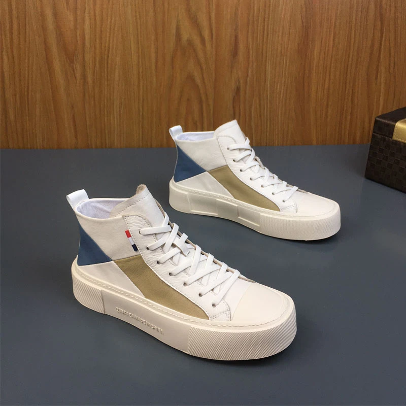 头层牛皮高帮鞋子男真皮撞色拼接男鞋秋季新款休闲厚底增高潮鞋子