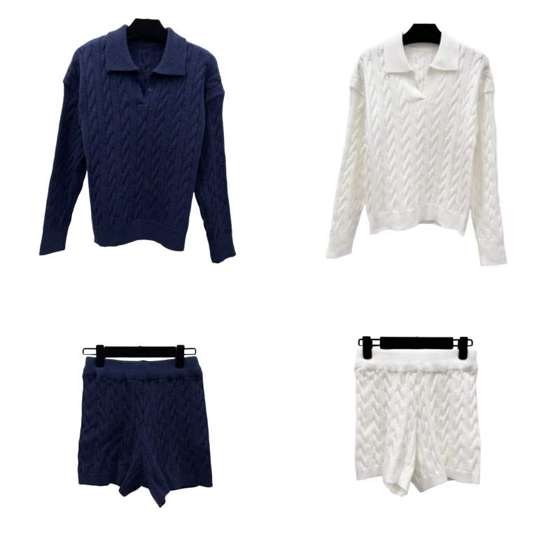 4143 针织长袖短裤套装气质时尚休闲打底女士设计师翻领秋冬