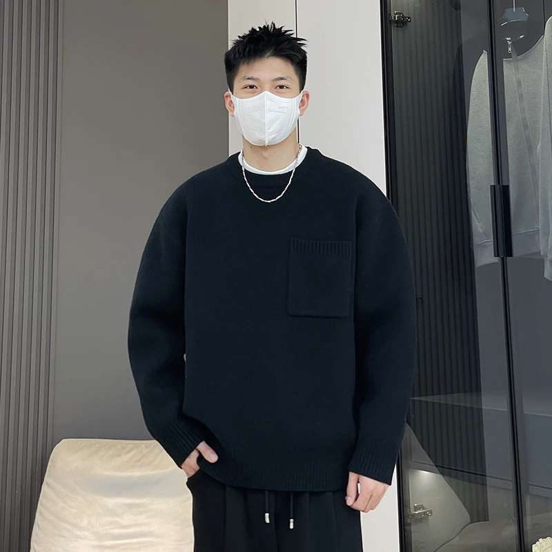 秋冬季新款口袋男士圆领纯色长袖针织厚款毛衣简约宽松港风M24386