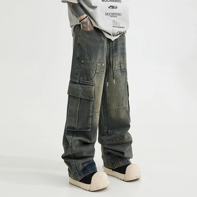 复古水洗工装牛仔裤男女生高街松紧腰宽松做旧阔腿hiphop裤子6629