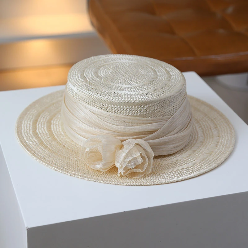 秋印 春日序曲 高级浪漫优雅花朵丝麻显脸小遮阳度假剑麻草帽女