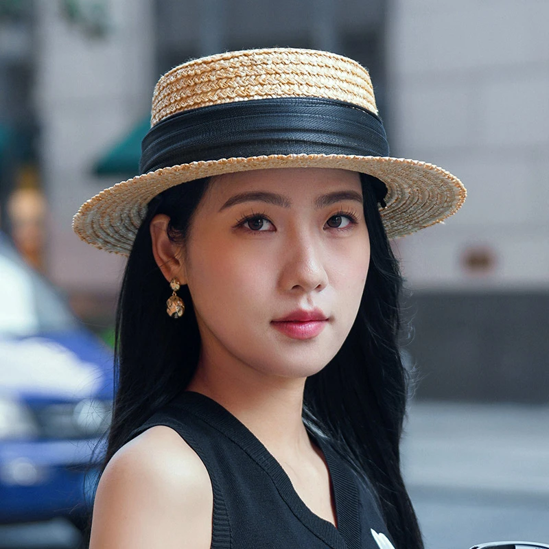 秋印  一起去海边吧~复古工艺编织设计平顶麦秆草帽遮阳出游帽女