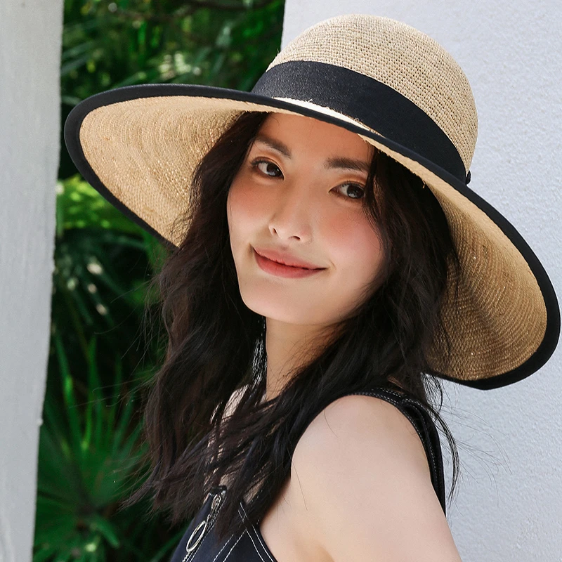 高端特细拉菲草帽凉帽女士遮阳帽夏天出游拍照太阳帽防晒帽可折叠