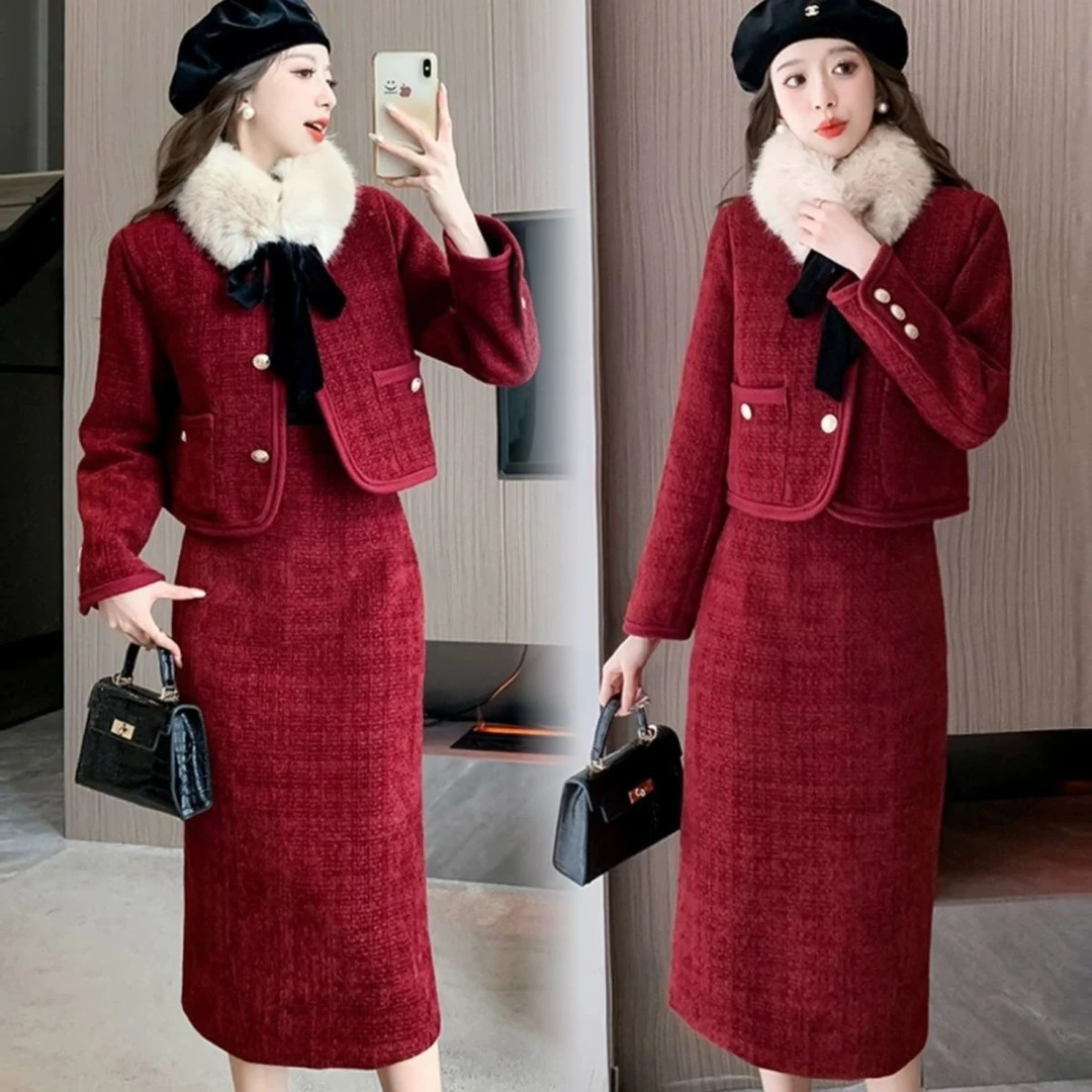 高定小香风套装秋冬时尚高级感名媛外套女加厚加棉半身裙两件套装