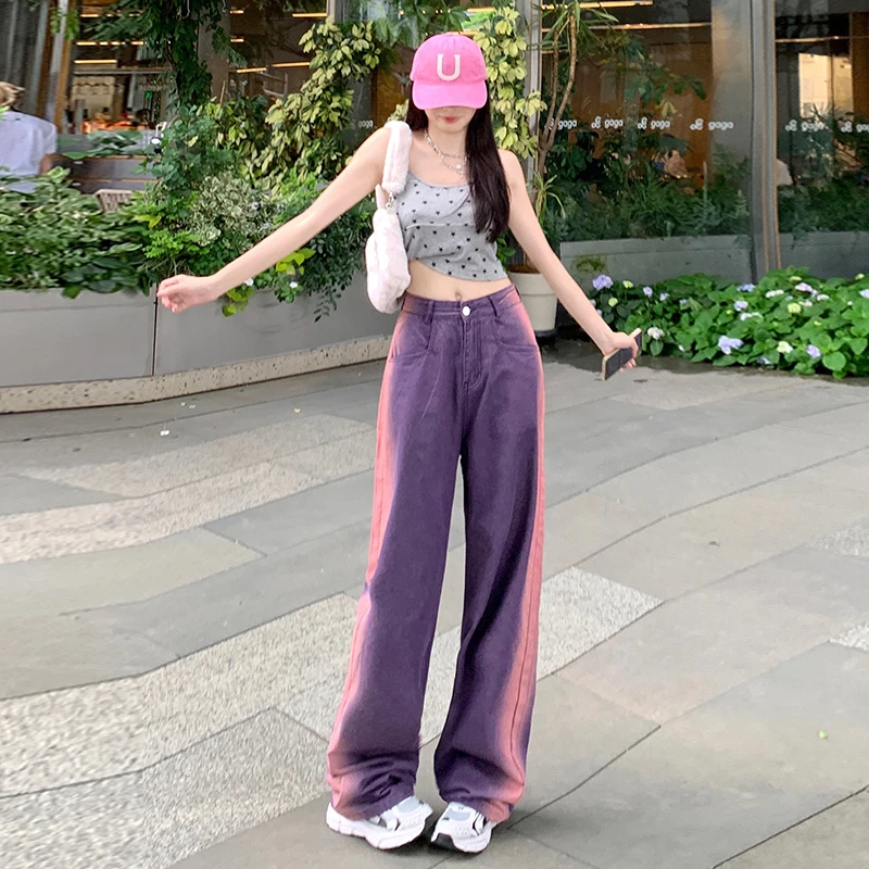 吸情美式复古水洗渐变紫色牛仔裤做旧款松直筒阔腿堆积感高腰夏女