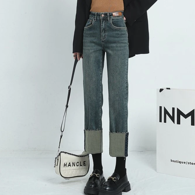 直筒阔腿毛边外翻穿搭百搭时尚牛仔裤2024新款高腰显瘦宽松直筒裤
