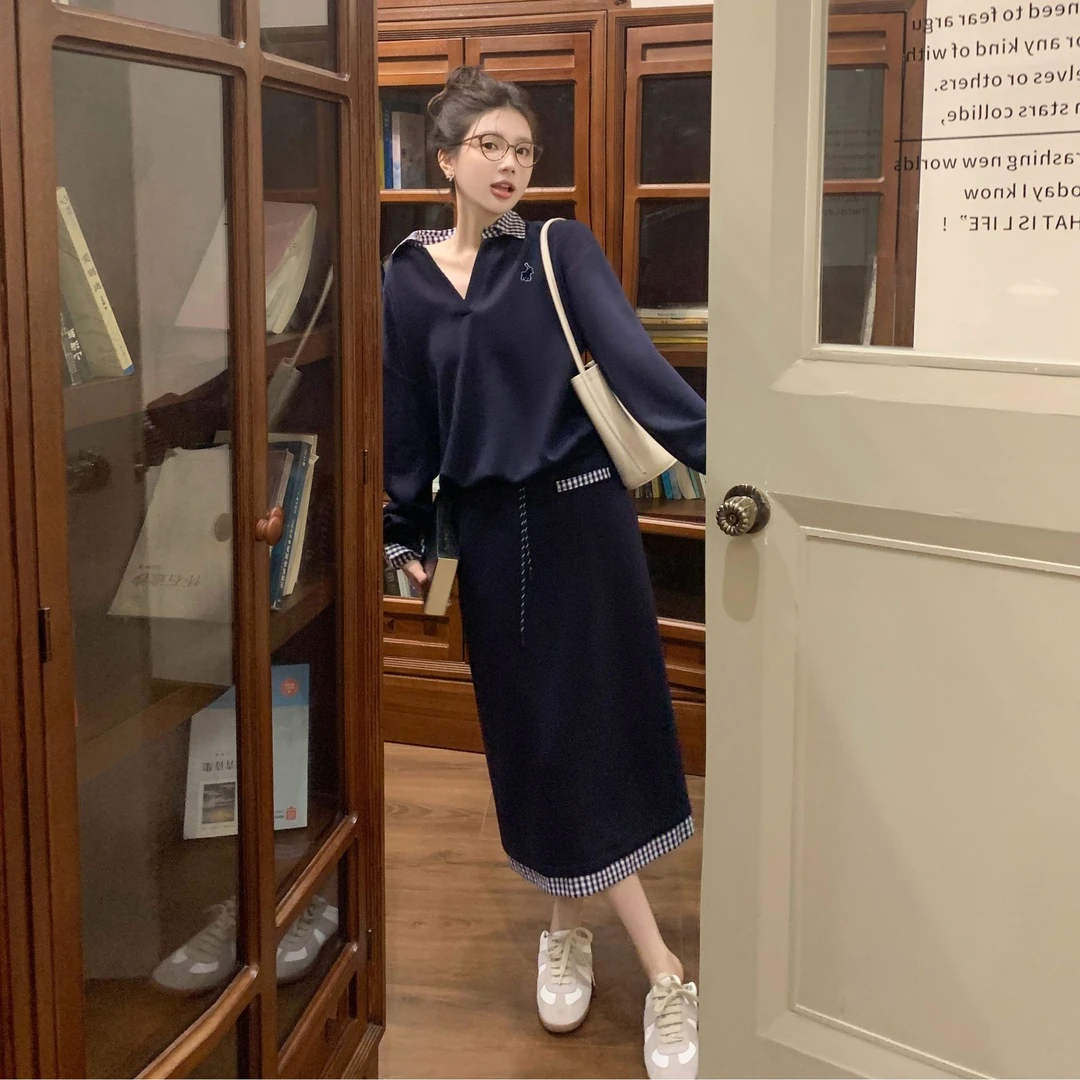 【芝士Cheese】克里特群岛 早秋女学拼接格子翻领卫衣半身裙两件套