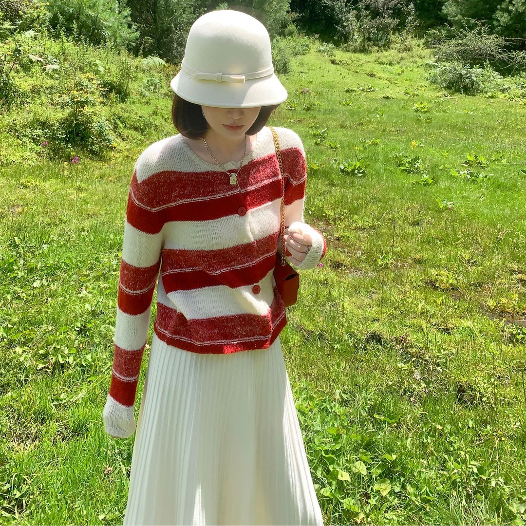 【芝士Cheese】初雪 慵懒感条纹毛衣开衫外套纽扣上衣