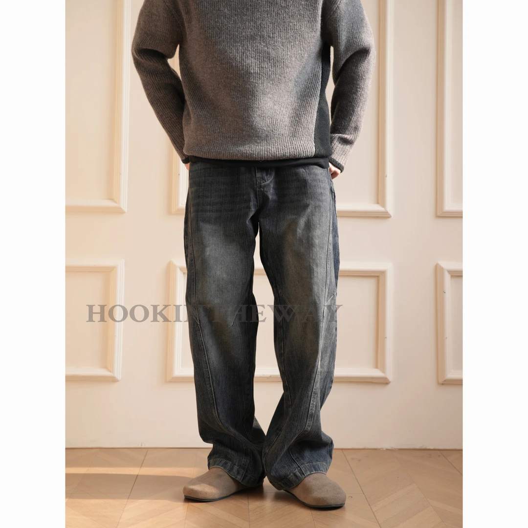 HOOK 竹节纹水洗立体裁剪拼缝牛仔裤复古宽松秋冬做旧