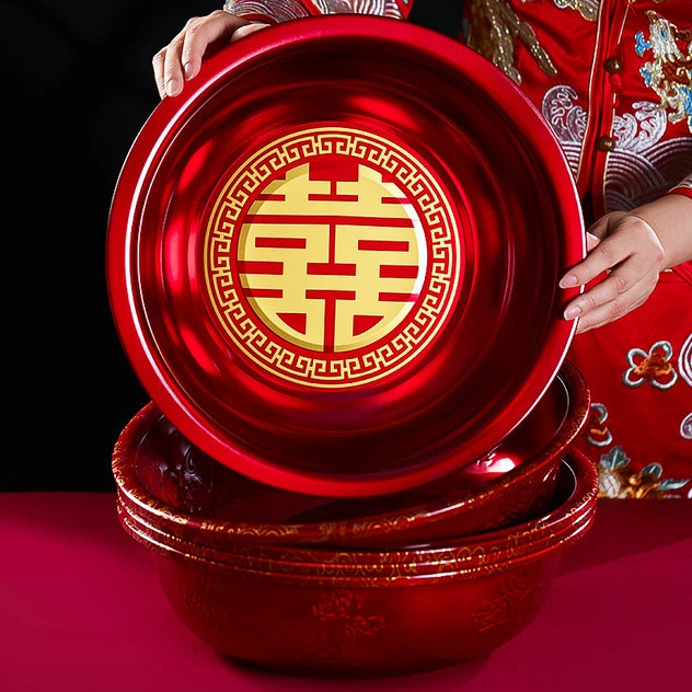 An搪瓷盆家用老式洗脸盆加厚结婚红喜字陶瓷复古小塘瓷铁卫生间怀